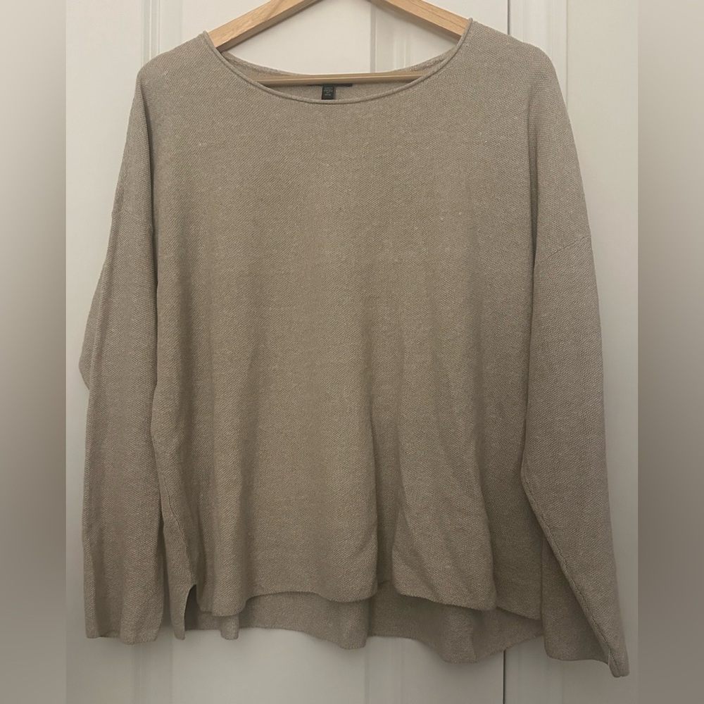 Eileen Fisher Organic Cotton Linen Blend Long-Sleeve Top Natural Size L